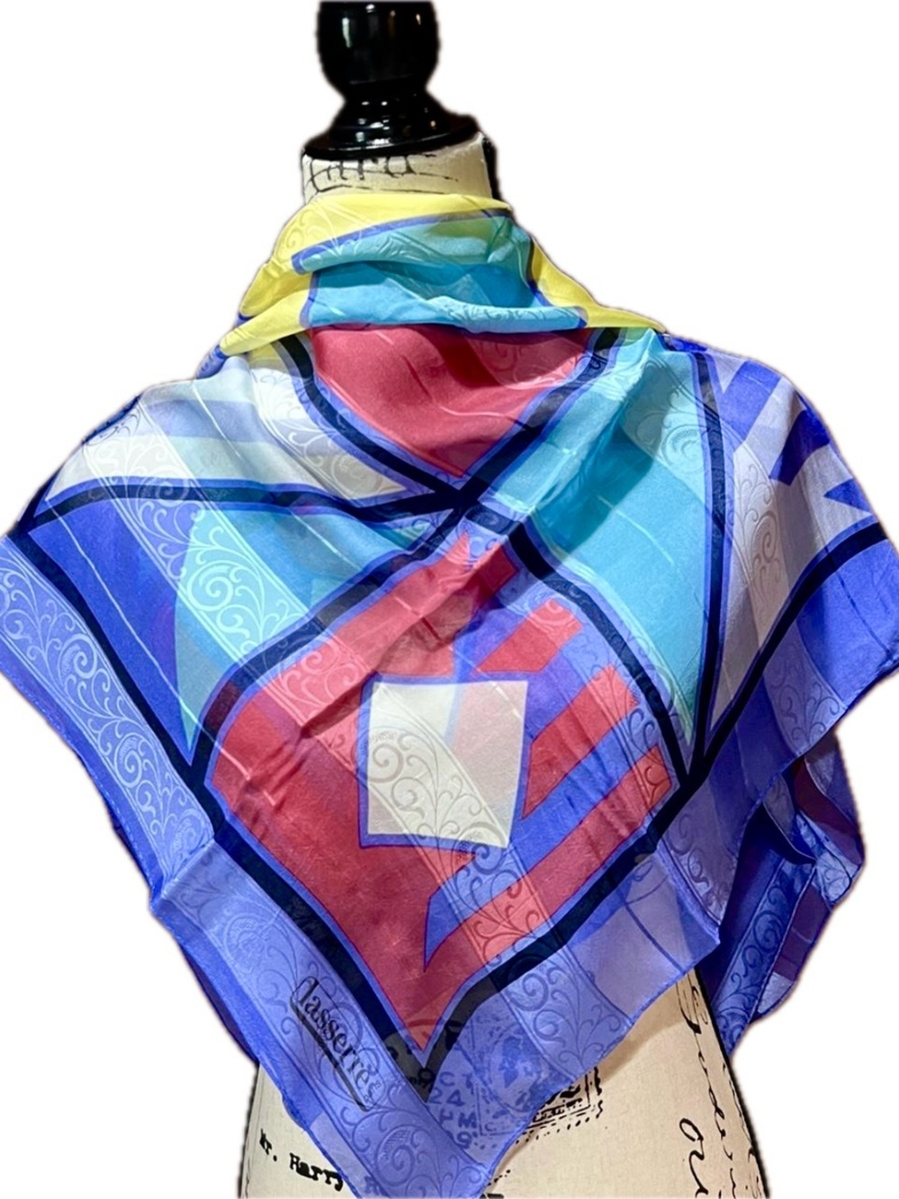 Lasserre Vintage Silk Scarf in Blue, Red and Teal Geometric Pattern